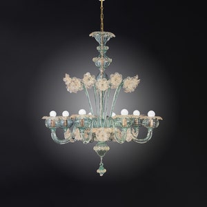 Murano Crystal Gold Chandelier •  Primula • Murano chandelier in green and gold crystal •  Venetian glass lamp
