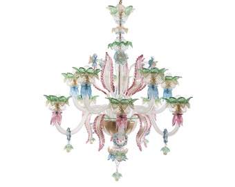 Casino' • Lustre luxueux en verre de Murano • 10 lumières • Cristal et or 24 carats multicolore • Vénitien classique