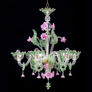Murano Chandelier Luxury Roses • 6 lights • Giotto • Crystal gold 24K Green and Pink • Traditional Italian artistic Lighting