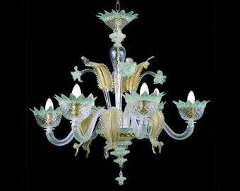 Murano Crystal Gold Chandelier •  Muranese light blue gold •  Venetian glass lamp