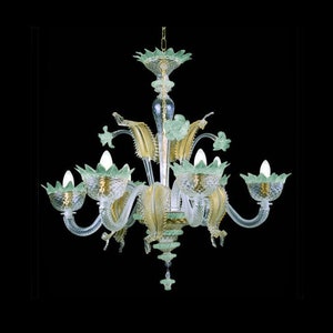 Murano Crystal Gold Chandelier •  Muranese light blue gold •  Venetian glass lamp
