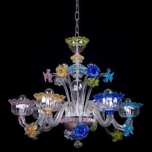 Muranese chendelier 6 lights crystal and multicolor