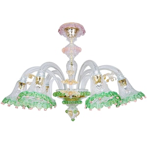 Piavola - Ceiling lamp in Murano glass - Green Pink and 24k Gold - 6 lights - Classic Venetian Style