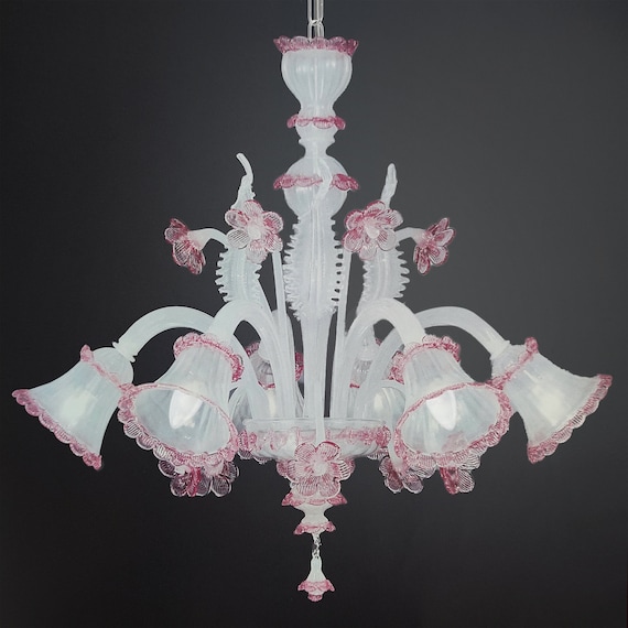 Murano Crystal Chandelier Daisy Murano chandelier in silk white and pink Venetian glass lamp