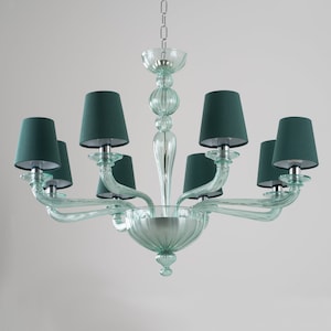Murano Crystal Green Chandelier • Dublino • Texile shades and Murano glass chandelier •  Venetian glass lamp