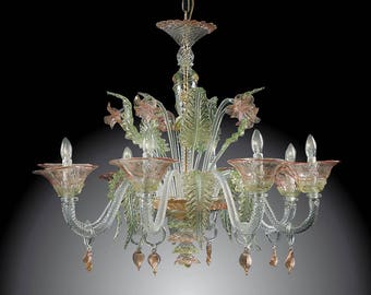 Elegant Murano glass chandelier 8 light green, pink, gold and crystal