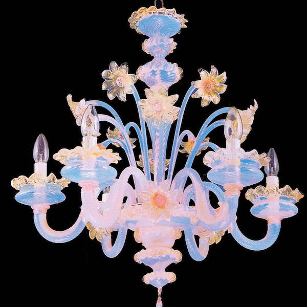 Araña Boston Murano 6 luces oro rosa y opalina