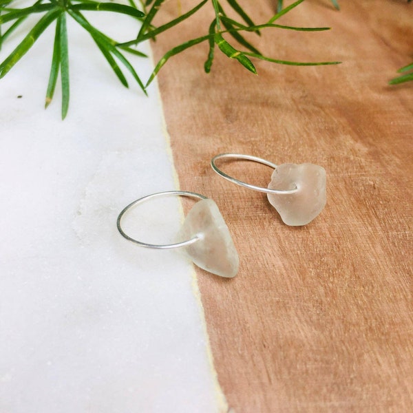 Miniature Hoop Earrings, sea glass earrings, eco fashion, handmade silver, unique jewellery, emerald green, pearl white, Amber, sustainable