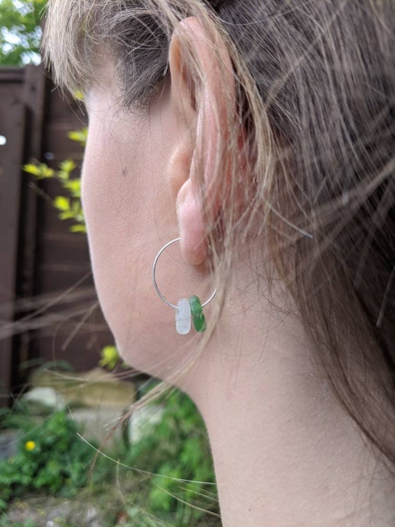 Sterling Silver Hoop Earrings With Double Sea Glass Droplets Bespoke Hoops Slooper Earrings Sea Glass Earrings Designs Beach Glass Etsy
