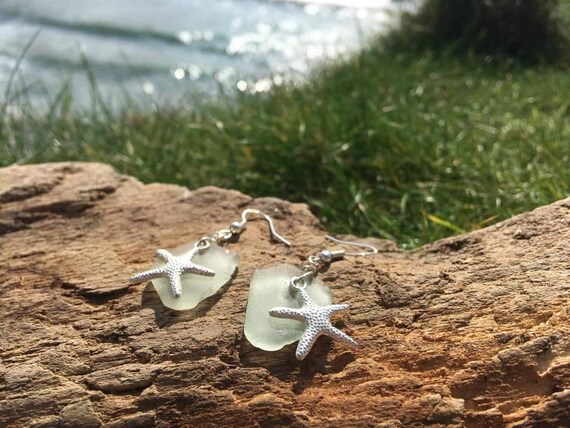Pale Aqua Beach Glass and Sterling Silver Starfish Earrings