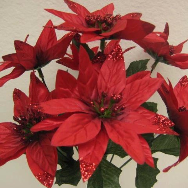 4 Bushes RED Christmas Glitters Poinsettia Artificial Silk Flowers 12" Bouquet 7-2209 RD