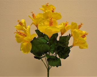 YELLOW Hibiscus Bush Artificial Silk Flowers 18&quot; Bouquet 10-6215 YL