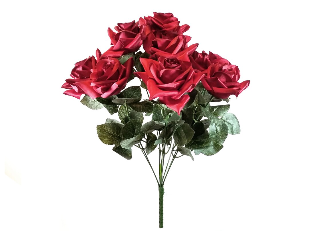 RED Black Tip Open Roses Bush Artificial Silk Flower 19 Bouquet 9-183 ...