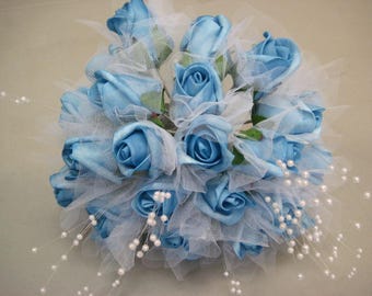 TURQUOISE Rose Buds with Pearls Bouquet Artificial Foam Flower Bush 695TQ