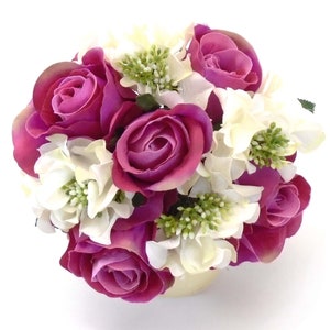 FUCHSIA CREAM Rose Hydrangea Bundle Artificial Silk Flowers 11" Bouquet 9-8359 FUCRM