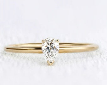 14k Solid Gold Pear Shape Brilliant Cut Diamond Engagement Ring, Simple Diamond Engagement Ring, Prongs Ring, Pear Diamond Cut