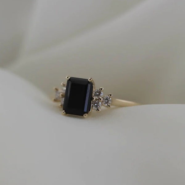 Emerald cut Black Onyx engagement ring Diamond cluster vintage ring Yellow gold engagement ring Bridal ring Anniversary gift for women