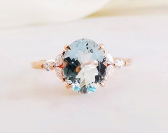 1.5ct Oval Cut Aquamarine Engagement Ring, Diamond Aquamarine Wedding Ring, Vintage Solid Gold Bridal Ring, March Birthstone Ring