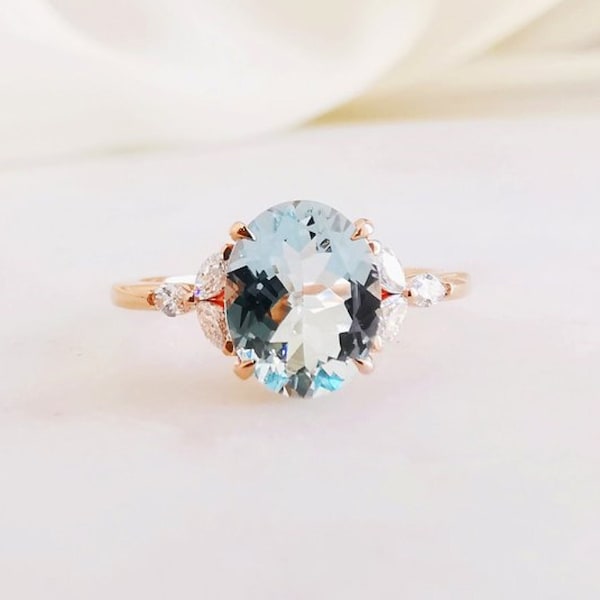 1.5ct Oval Cut Aquamarine Engagement Ring, Diamond Aquamarine Wedding Ring, Vintage Solid Gold Bridal Ring, March Birthstone Ring