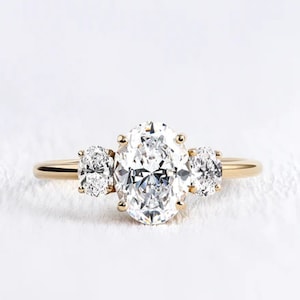 White Gold Ring, Oval Promise Ring, Vintage Engagement Ring, Moissanite Three Stone Wedding Ring, Genuine Diamond Ring Art Deco Ring For Her