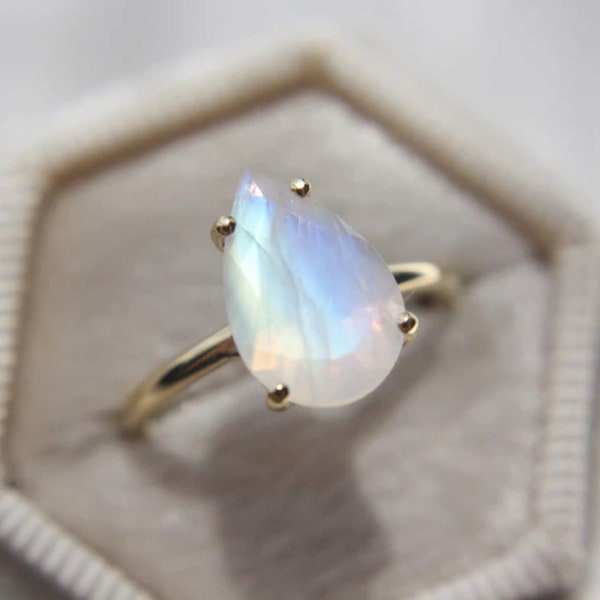 Moonstone Ring, Rainbow Moonstone Sterling Silver Ring, Moonstone Jewelry, Boho, June Birthstone, Pear Shape Moonstone Ring, Healing Crystal