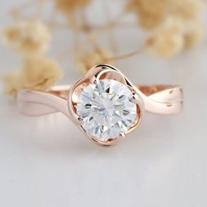 1.10 CT Round Cut Real Moissanite Tulip Setting Engagement Ring, Minimalist Rose Gold Anniversary Gift Ring, Fashionable Custom Bridal Ring