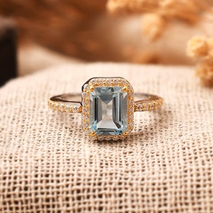 Emerald cut Aquamarine ring vintage infinity halo unique engagement ring twisted diamond ring solid yellow gold promise wedding ring women