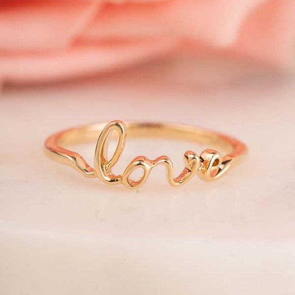 Love ring, script love ring, Solid 14k gold, rose gold, white gold, yellow gold, promise love ring, dainty love ring, silver love ring