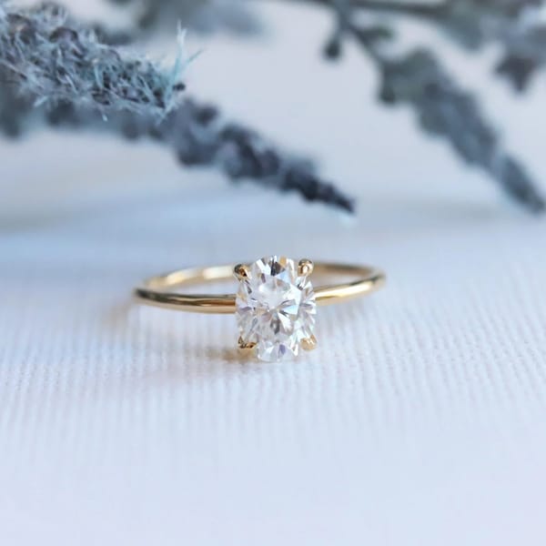 1.5ct Oval Moissanite Ring Thin Band Oval Engagement Ring, 14K Solid Gold Simple Oval Solitaire Ring, Delicate & Dainty Promise Ring For Her