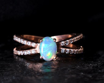 Genuine Ethiopian Opal Engagement Ring,Rose Gold Oval Opal Halo Diamond Ring,18k 14k Solid Gold Bridal Anniversary Promise Ring,Opal Ring