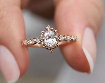 7*5mm Oval Cut Moissanite Engagement Ring 14K Rose Gold Natural Diamond Band Bridal Wedding Ring Promise Anniversary Ring Art Deco Ring