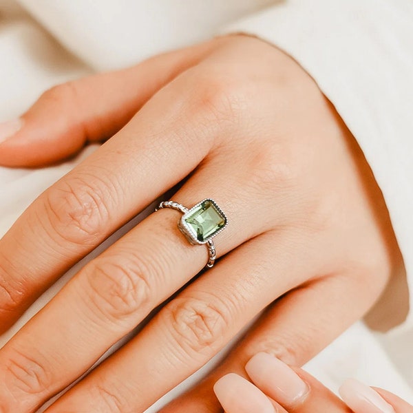 Natural Green Amethyst Ring-Natural Prasiolite Ring-Emerald Cut Amethyst Ring-Natural Amethyst Birthstone Solitaire Ring-925 Sterling Silver