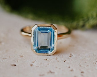3CT Emerald Cut Swiss Blue Topaz Solitaire Ring, 14K Yellow Gold Engagement Ring, Bezel Setting, Statement Ring, Gift For Her, Bridal Set