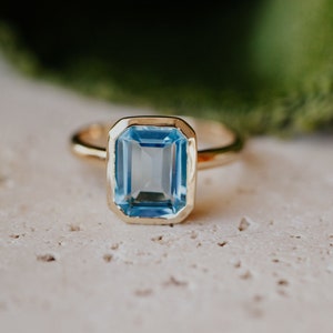 3CT Emerald Cut Swiss Blue Topaz Solitaire Ring, 14K Yellow Gold Engagement Ring, Bezel Setting, Statement Ring, Gift For Her, Bridal Set