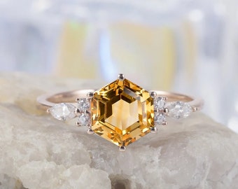 Vintage 1.5ct Hexagon Citrine Engagement Ring, Natural Citrine Wedding Ring,14K 18K Rose Gold Promise Anniversary Ring Gift for Women