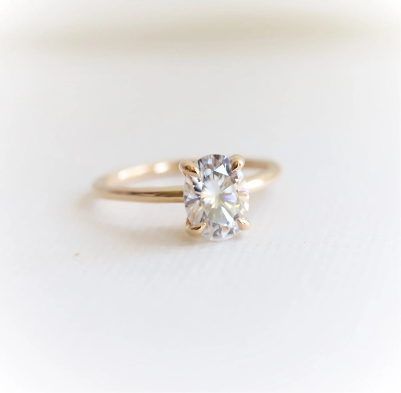 1.5ct Oval Moissanite Ring Thin Band Oval Engagement Ring, 14K Solid Gold Simple Oval Solitaire Ring, Delicate & Dainty Promise Ring For Her image 3