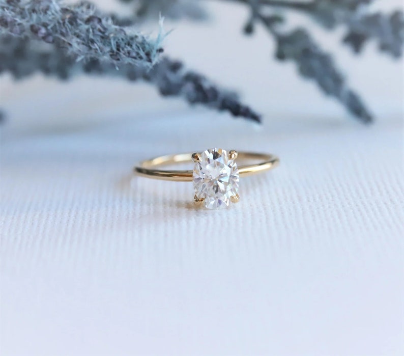 1.5ct Oval Moissanite Ring Thin Band Oval Engagement Ring, 14K Solid Gold Simple Oval Solitaire Ring, Delicate & Dainty Promise Ring For Her image 1