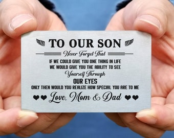 To Our Son Never from Love Mom Dad Engraved Pocket Wallet Insert Card Birthday Graduation Anniversary Inspirational Gift Wedding Holiday
