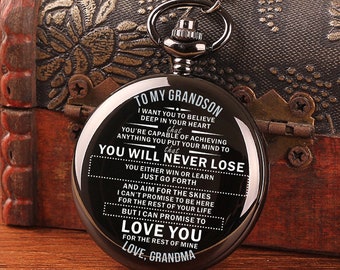 To My Grandson You Will Never Lose Love Grandma Engraved Pocket Watch Time Machine Personalized Quotes Birthday Anniversary Black