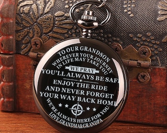 To Our Grandson Always Be Safe Love Grandma & Grandpa Engraved Pocket Watch Time Machine Personalized Quotes Birthday Anniversary Black