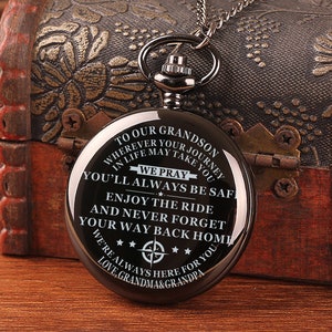 To Our Grandson Always Be Safe Love Grandma & Grandpa Engraved Pocket Watch Time Machine Personalized Quotes Birthday Anniversary Black