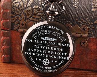 To My Grandson Always Be Safe Love Grandma Engraved Pocket Watch Time Machine Personalized Quotes Birthday Anniversary Black