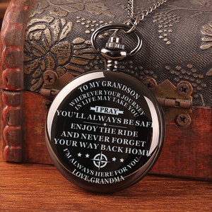 To My Grandson Always Be Safe Love Grandma Engraved Pocket Watch Time Machine Personalized Quotes Birthday Anniversary Black