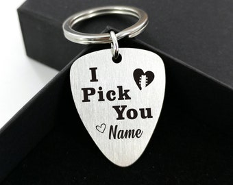 I Pick You Personalized Engraved Guitar Pick Keychain for Husband Boyfriend Daughter Mom Dad Wife Custom Gift Music Anniversary Birthday