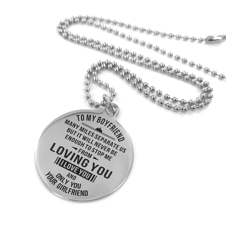 To My Boyfriend Many Miles Separate Necklace Circular Customized Stainless Steel Birthday Graduation Anniversary Military Gift
