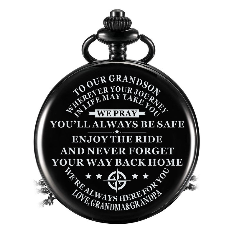 To Our Grandson Always Be Safe Love Grandma & Grandpa Engraved Pocket Watch Time Machine Personalized Quotes Birthday Anniversary Black Bild 7