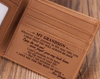 To My Grandson I Pray Love Grandpa Engraved Leather Pocket Wallet Moneybag for Anniversary Birthday Gift Holiday Wedding Graduation Keepsake