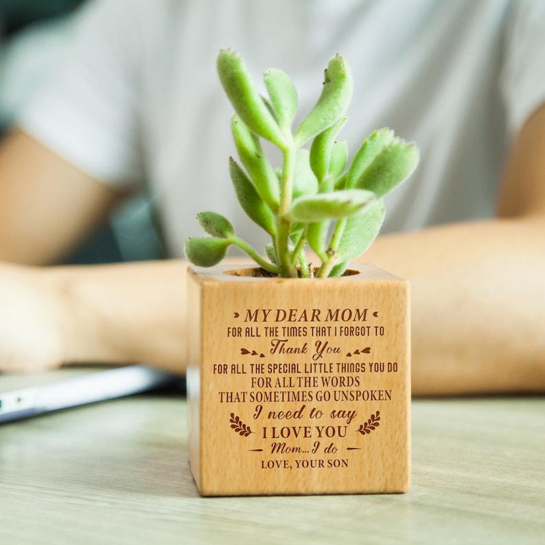 My Dear Mom from Love Son Wooden Engraved Flower Pot Anniversary Birthday Mothers Day Gift Plant Lover Planter Holder Container