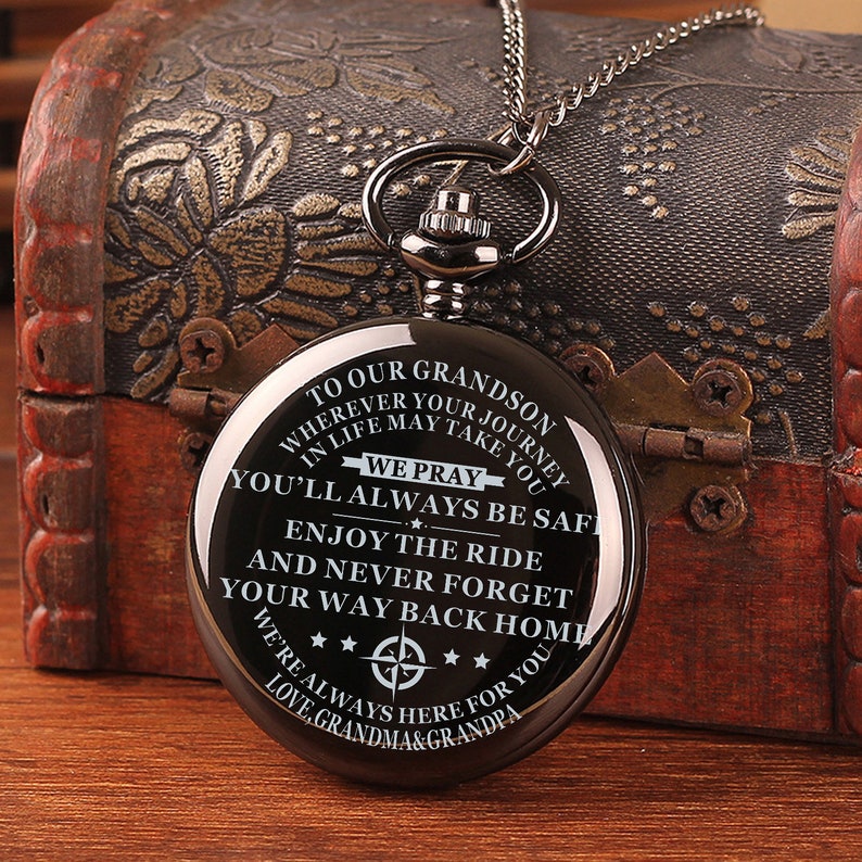 To Our Grandson Always Be Safe Love Grandma & Grandpa Engraved Pocket Watch Time Machine Personalized Quotes Birthday Anniversary Black Bild 1