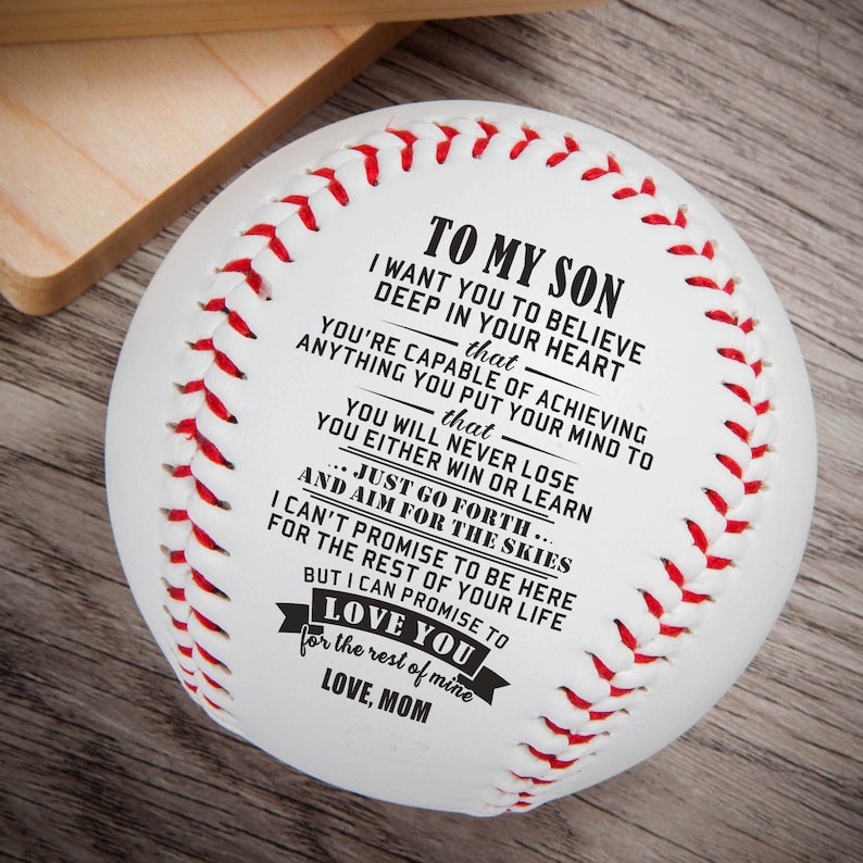 Engraved Baseball With The Words To My Son Loved More Than You SKnow Love Mom, Made of White Horse Skin